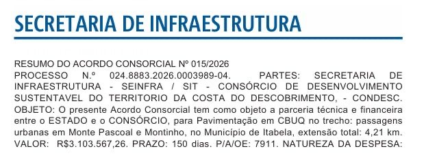 Governo do Estado publica formalização do projeto de pavimentação asfáltica em Monte Pascoal e Montinho