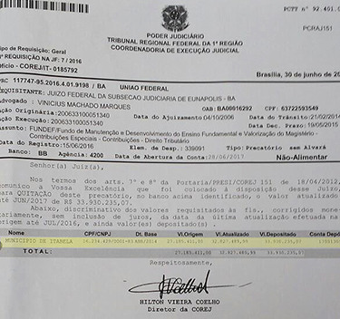 Aproximadamente R$ 34 milhões dos precatórios de Itabela já está depositado em uma conta judicial 