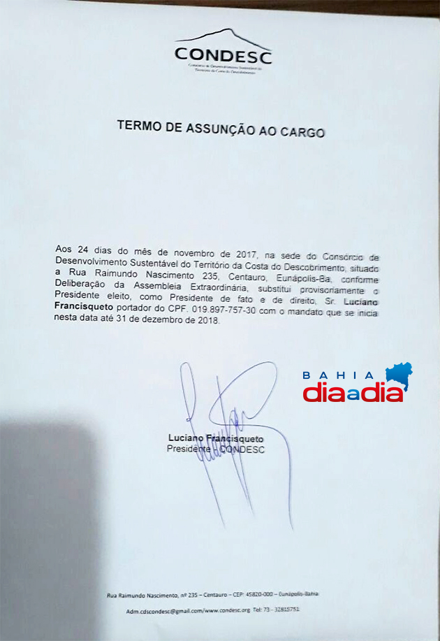 Termo de Assun��o do Cargo de Presidente do CONDESC. (Foto: BAHIA DIA A DIA)