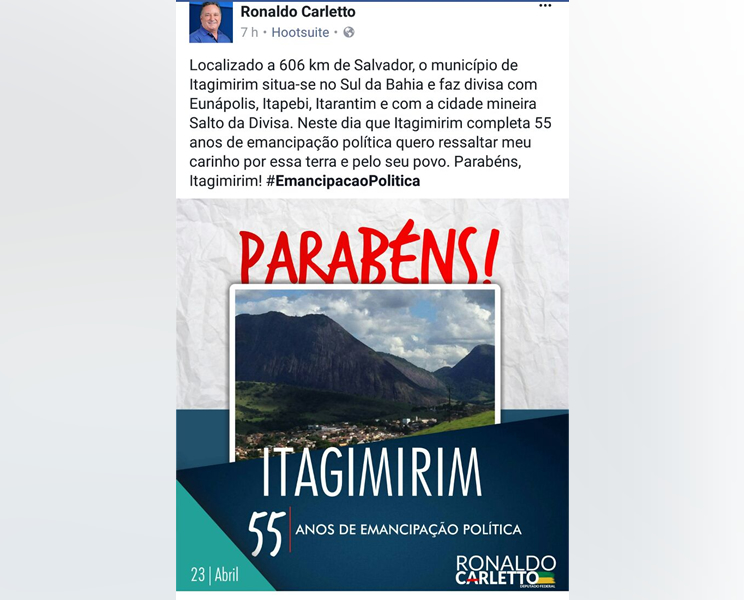 Foto usada na felicitação da cidade de Itagimirim é da cidade de Guaratinga. Foto usada na felicitação da cidade de Itagimirim é da cidade de Guaratinga.